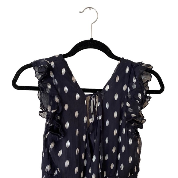 Lulus V-neck Ruffle Tiered Polka Dot Midi Dress in Navy and Silver - Picture 5 of 6